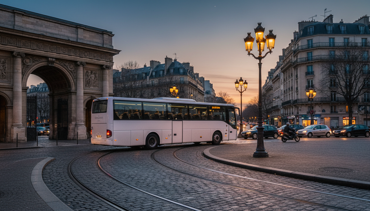 Vue de côté d’un car de tourisme quittant une porte de Paris au crépuscule.