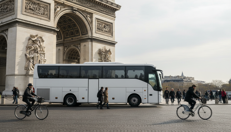Vue en grand angle d’un car de tourisme arrêté près d’un monument parisien.