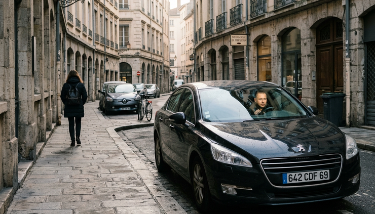 Vue à hauteur de rue d’une voiture VTC arrêtée près d’un trottoir urbain.