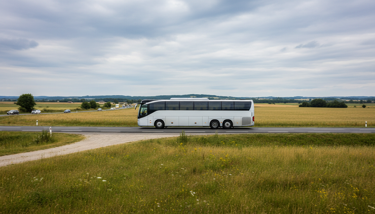 Vue latérale d’un autocar roulant sur une route nationale près de champs français.