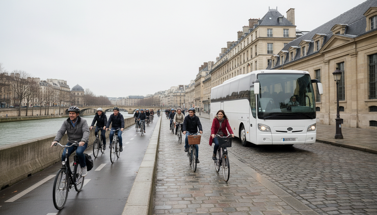 Vue au niveau de la rue d’un autocar longeant une piste cyclable près d’un quai parisien.
