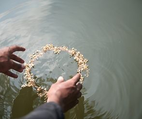 releasing flowers in stream at memorial service