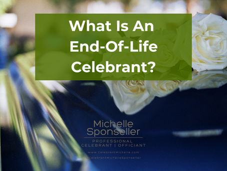 end-of-life blog title page over white casket spray flowers