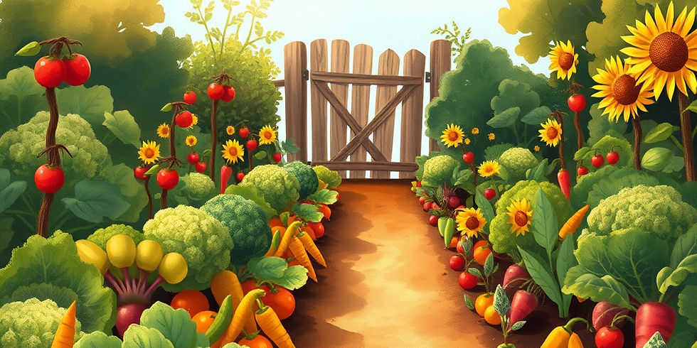 Whimsical children's storybook illustration of a lush garden. Rows of radishes, broccoli,