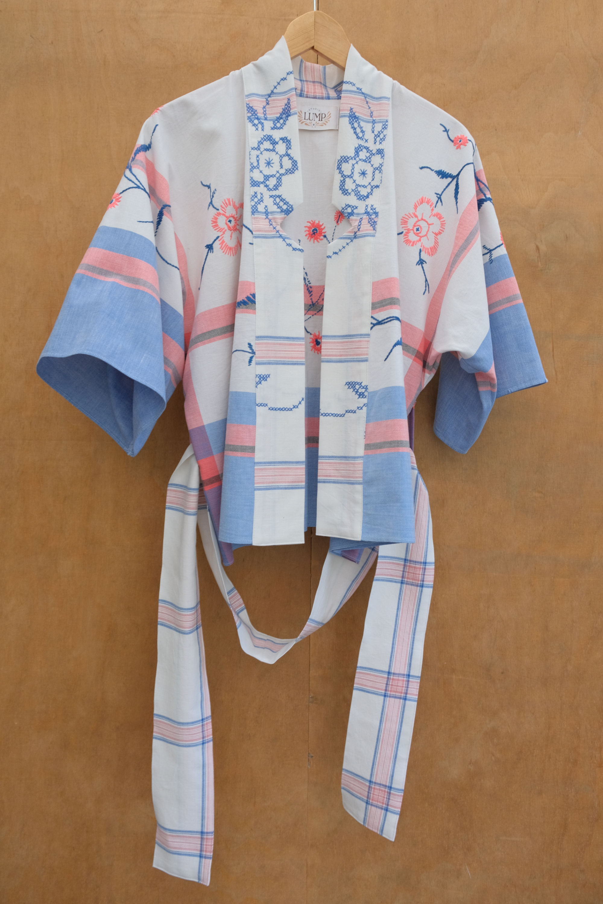 Wrapblouse made from two checked tablecloths