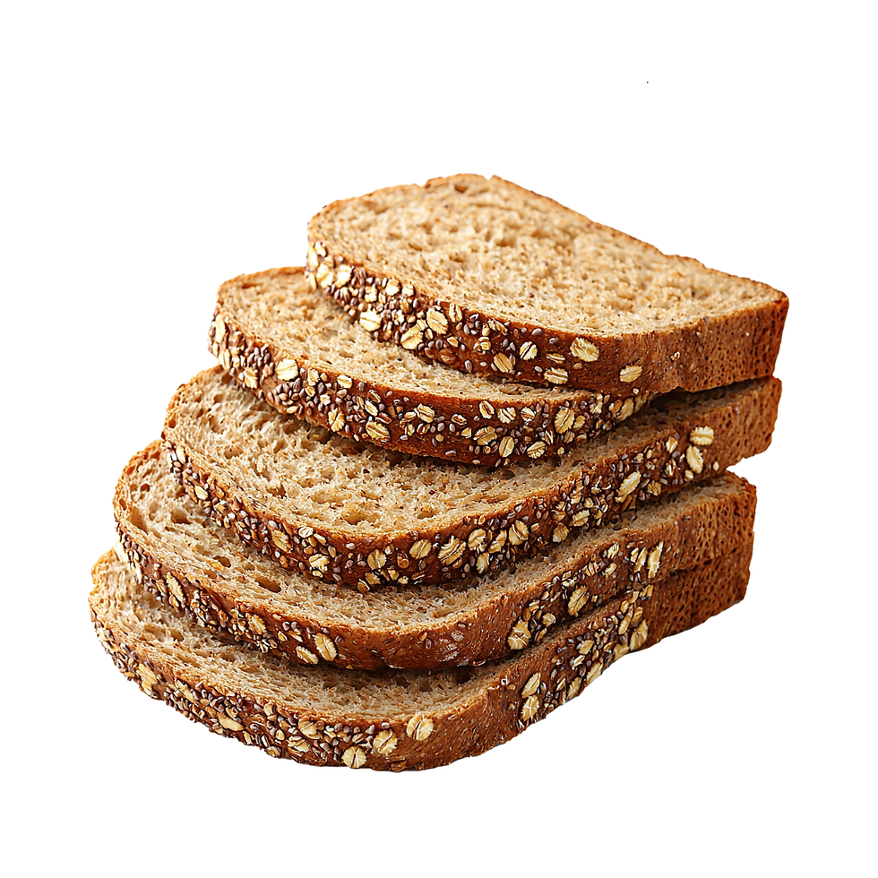 Stack of five whole grain bread slices with oats on a white background, isolated product shot.