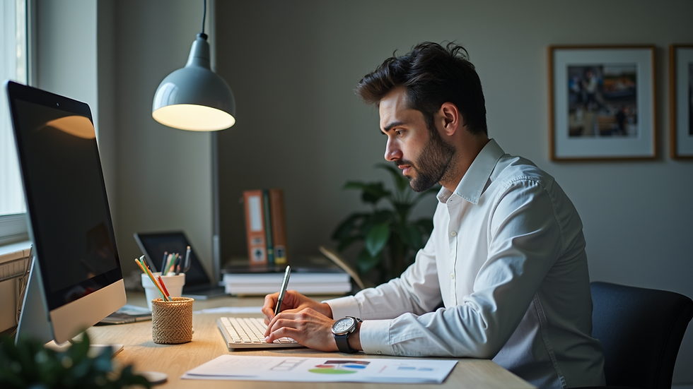Plano medio de una persona trabajando en ordenador con gráficos de marketing digital