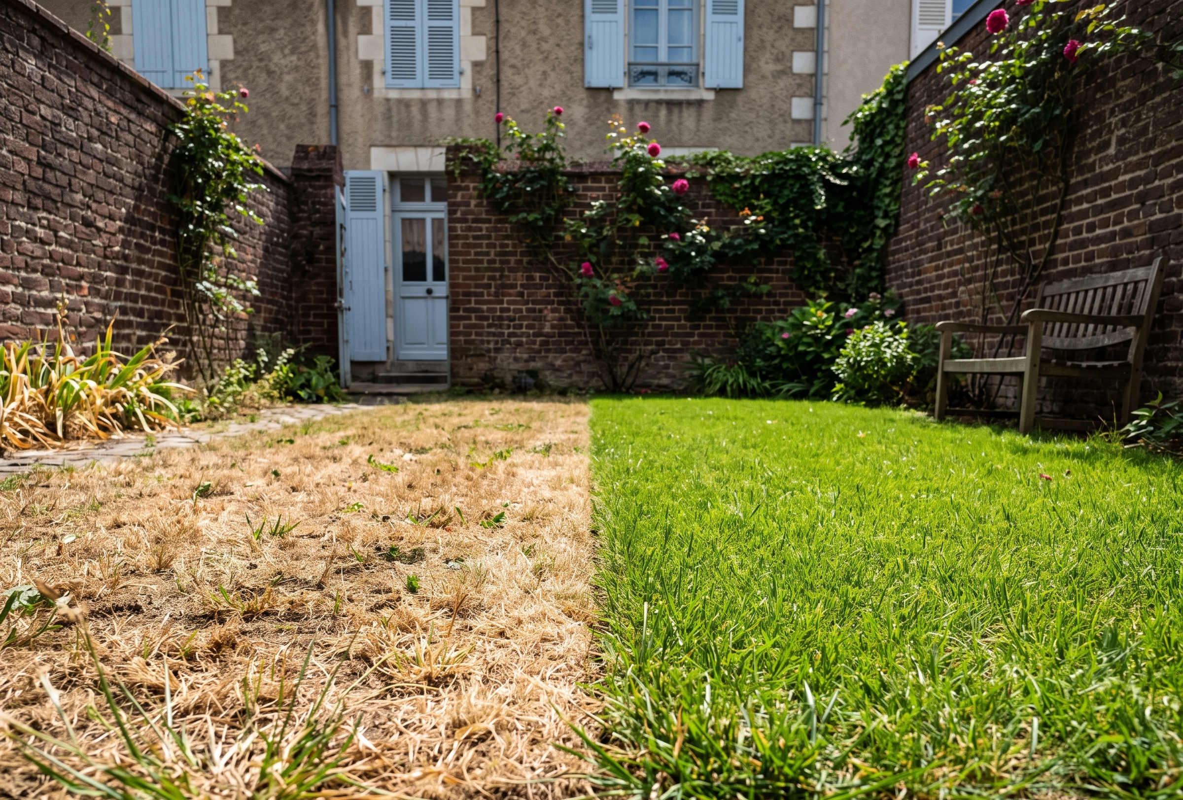 Comparaison entre un gazon ras jauni par la sécheresse et une pelouse verte laissée plus haute. Conseil d'entretien de jardin par Grosset Paysages à Châteauroux.