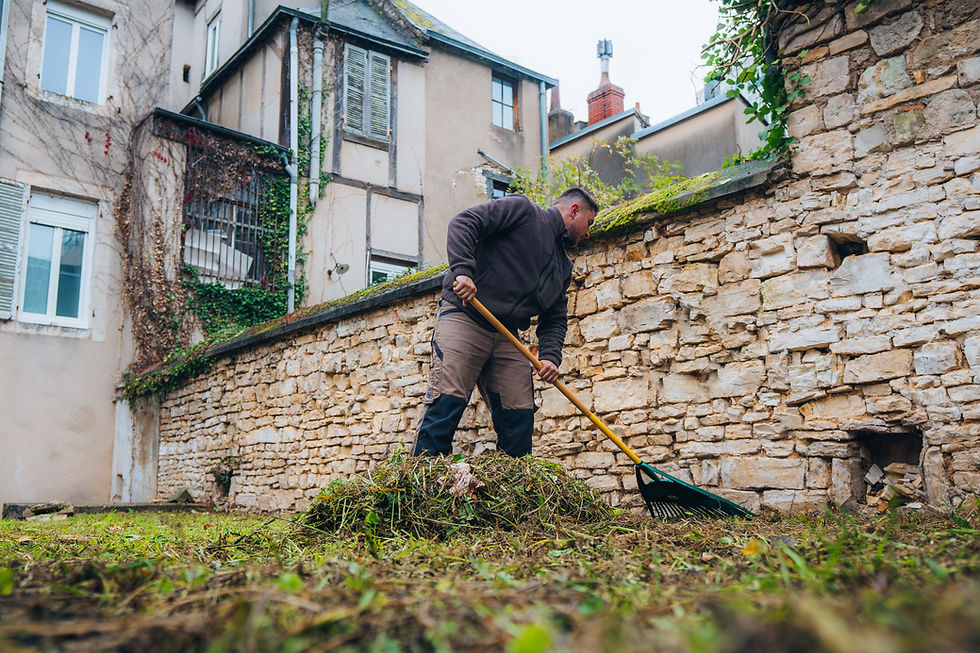 Etienne, de Grosset Paysages, ramasse de l'herbe et des feuilles mortes dans un jardin.