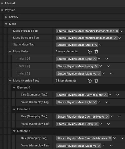 The different tags used to increase or reduce, or override an actor's mass, and the order of each mass tier.
