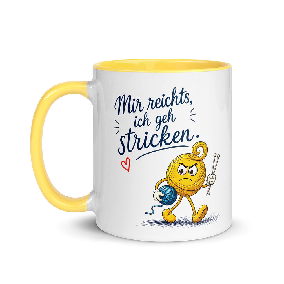 Thumbnail: Keramiktasse für Strickerinnen mit Woolicon Motiv und dem Spruch „Mir reicht's, ich geh stricken“. Lustiges Geschenk für Stri