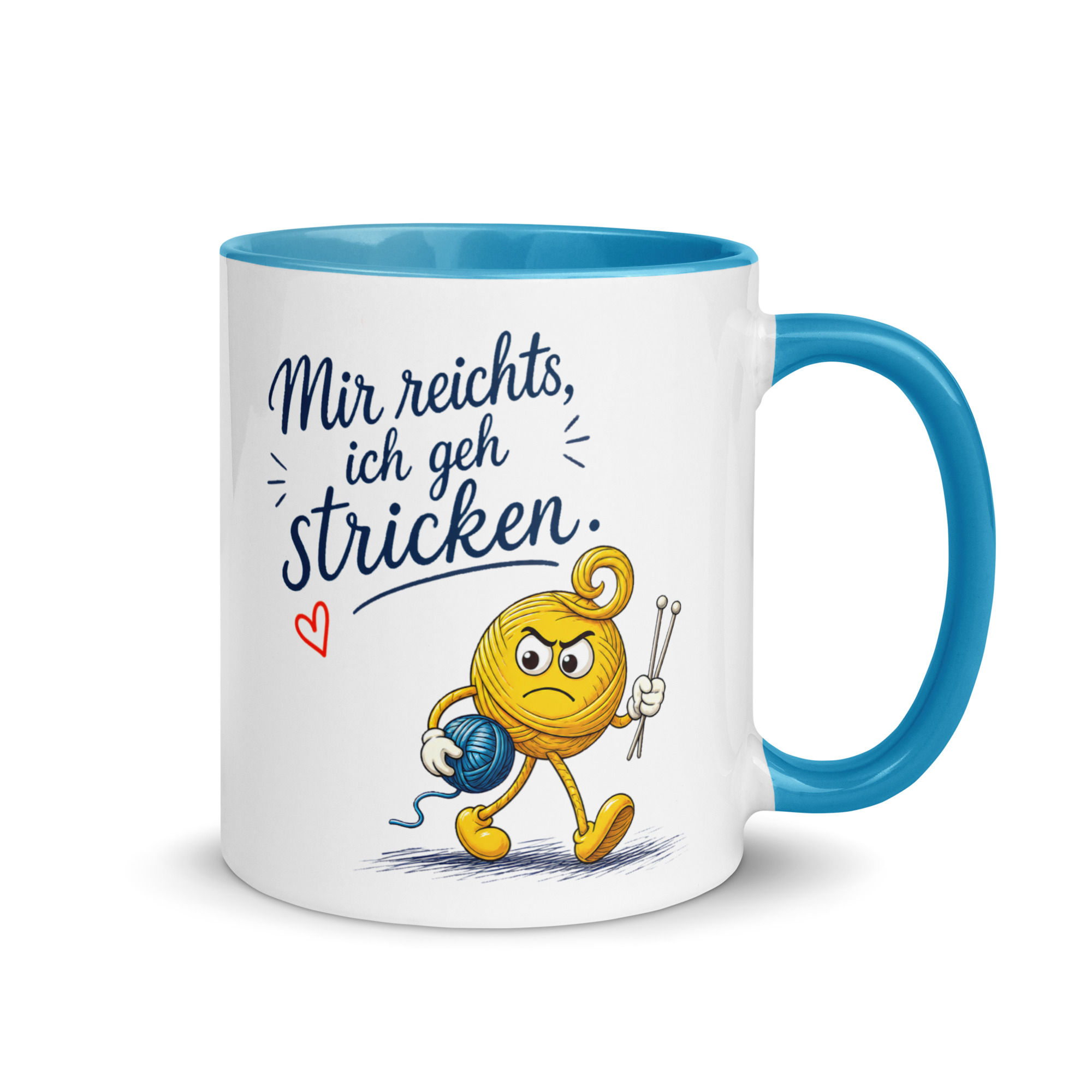 Keramiktasse für Strickerinnen mit Woolicon Motiv und dem Spruch „Mir reicht's, ich geh stricken“. Lustiges Geschenk für Stri