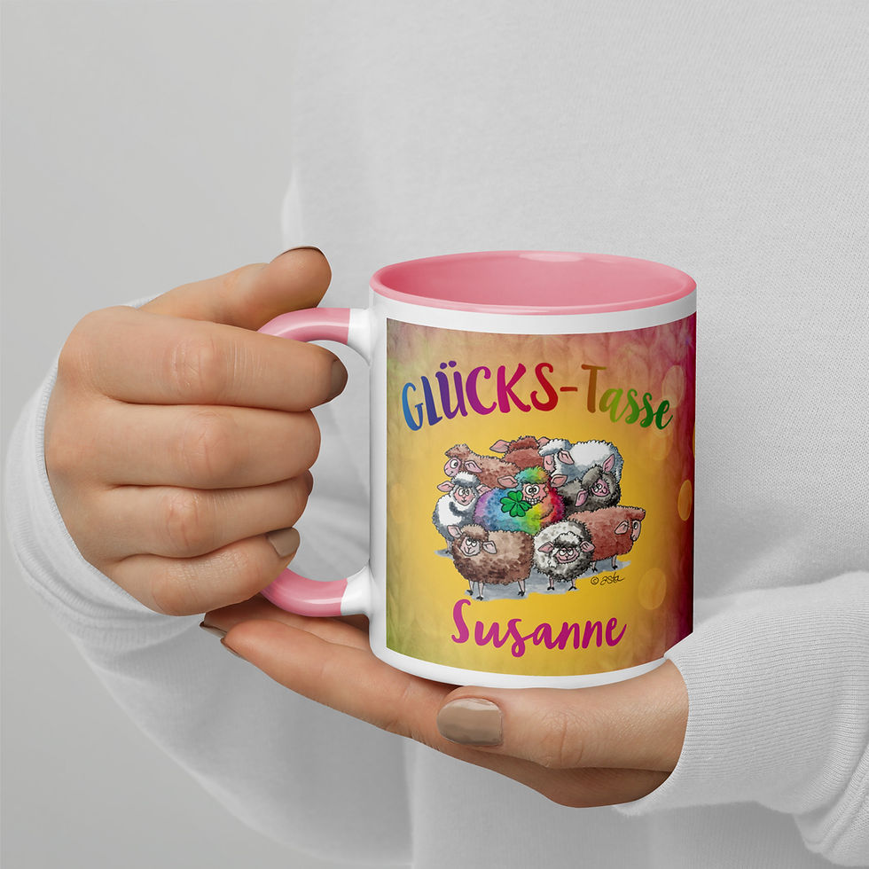 Miniaturbild: Bunte Glücks-Tasse mit Namen, bunten lustigen Schafen und mit rosa Farbe innen