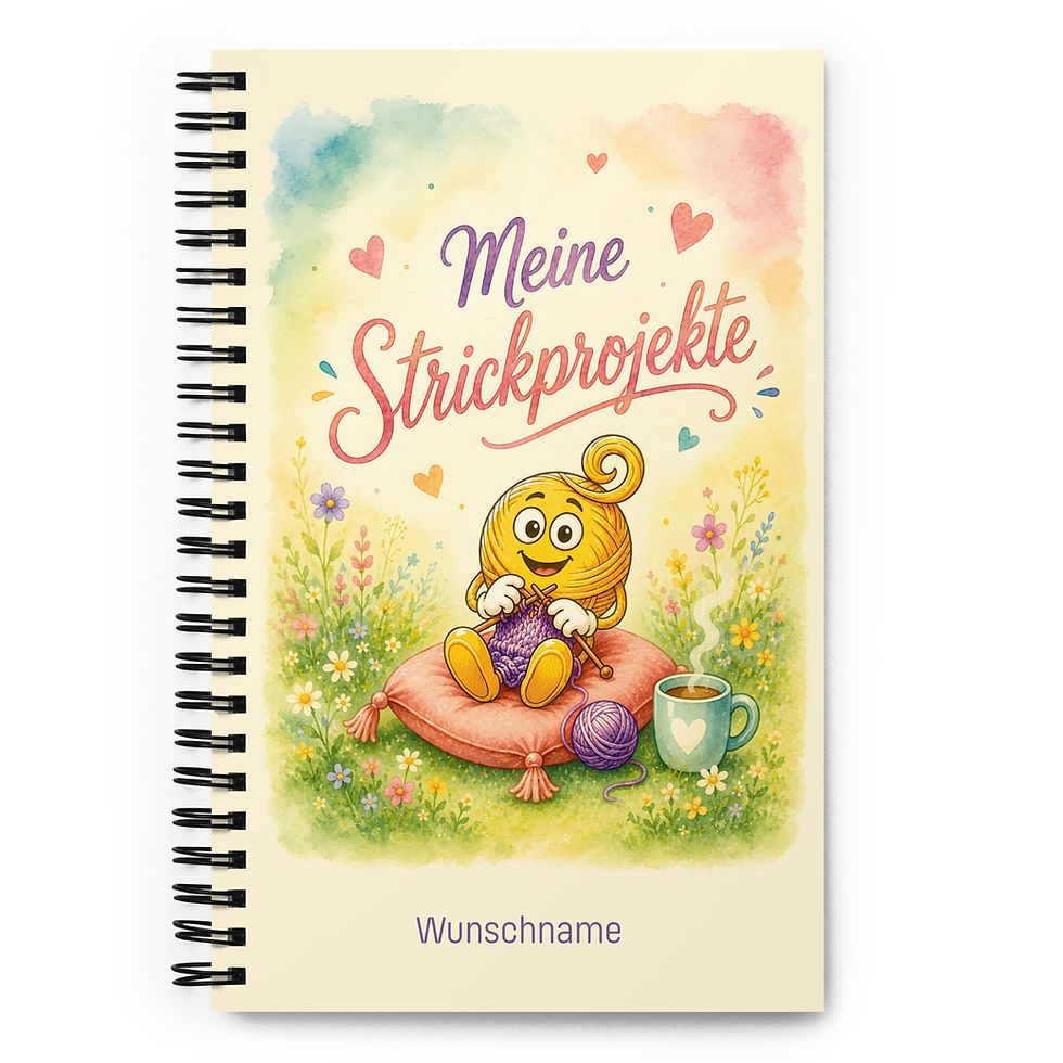 Personalisierbares Strickprojekte Notizbuch für Strickfans mit Woolicons.
