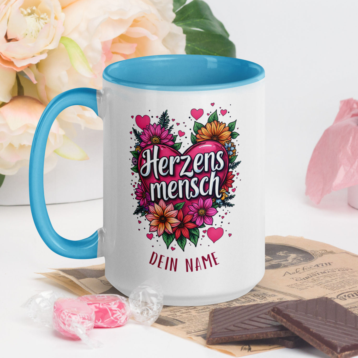 Tasse Herzensmensch mit farbiger Innenseite, Mensch mit Herz Auszeichnung, Geschenkidee Valentinstag, Muttertag, Geschenk