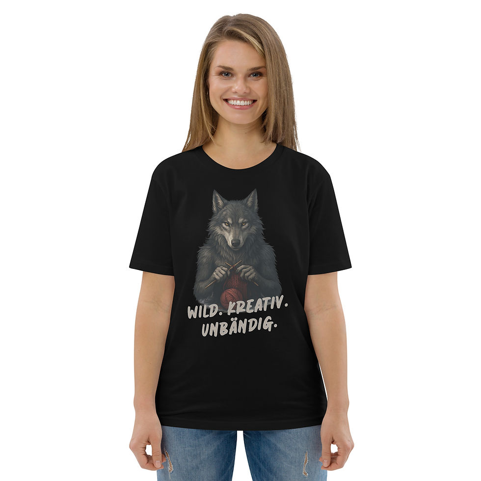 Miniaturbild: Wild. Kreativ. Unbändig. Bio-Shirt mit Motiv einer strickenden Wölfin