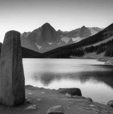 KI Darstellung eines Menhir am Seeufer