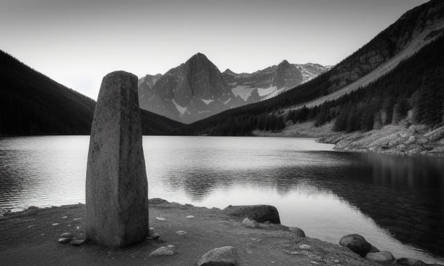 KI generierte Darstellung eines Menhir am Ufer des Bergsees.