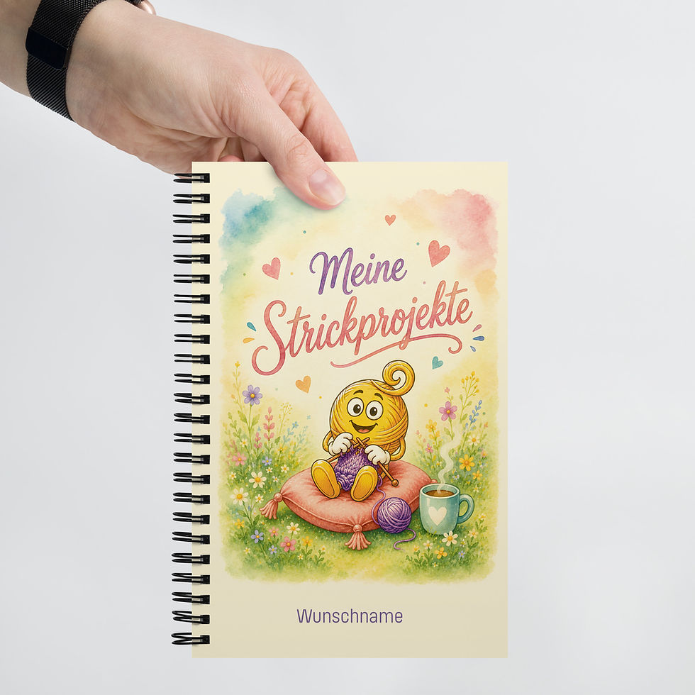 Personalisierbares Strickprojekte Notizbuch für Strickfans mit Woolicons.