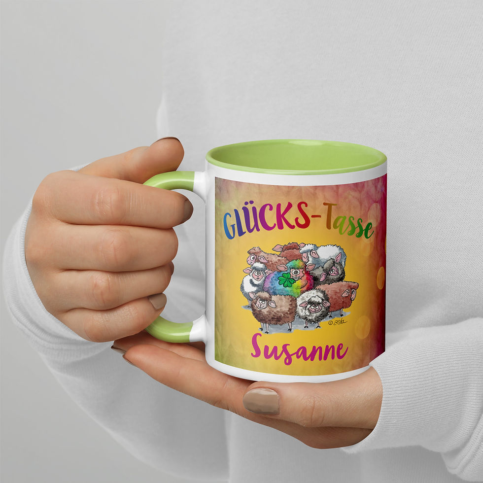 Miniaturbild: Bunte Glücks-Tasse mit Namen, bunten lustigen Schafen und mit grüner Farbe innen
