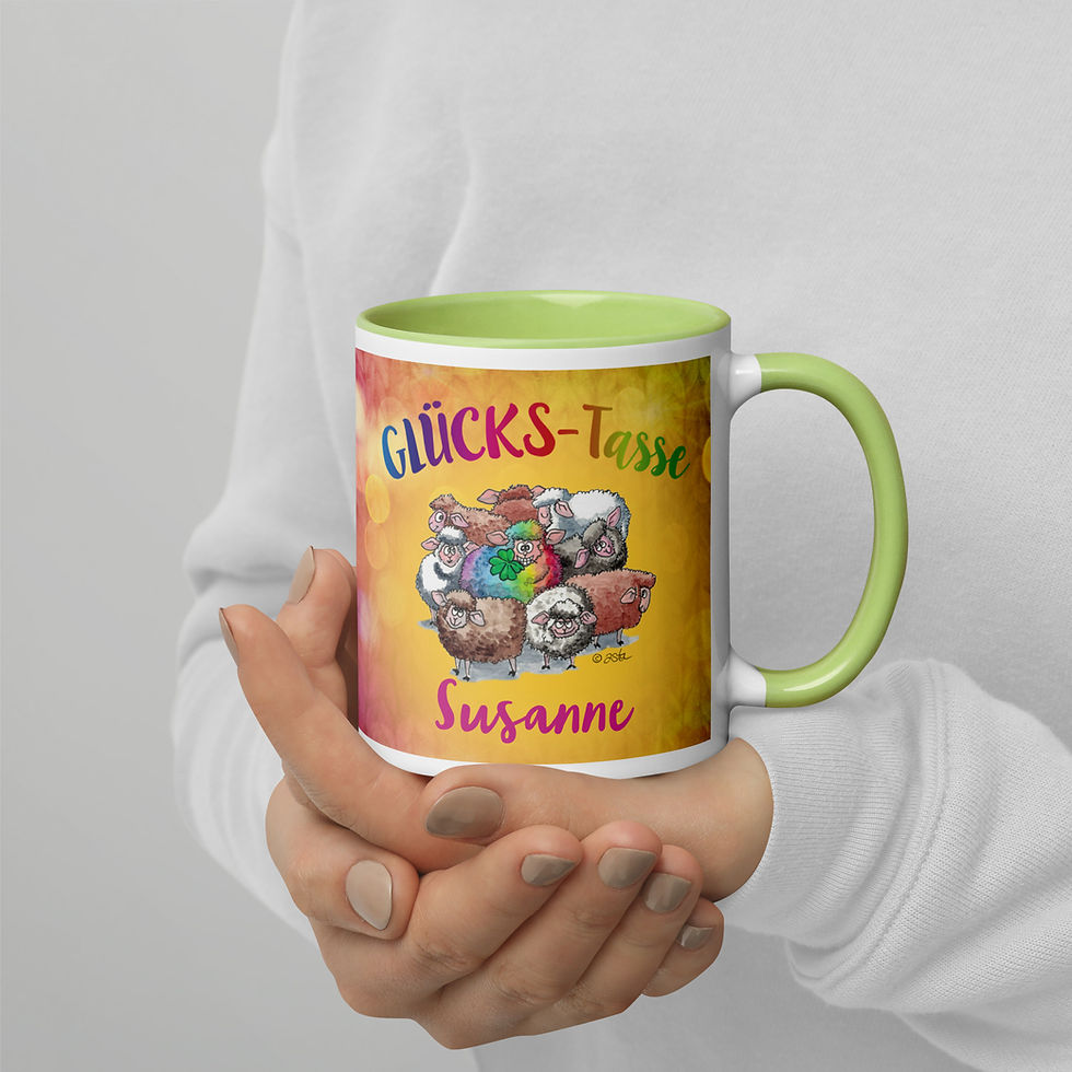 Miniaturbild: Bunte Glücks-Tasse mit Namen, bunten lustigen Schafen und mit grüner Farbe innen