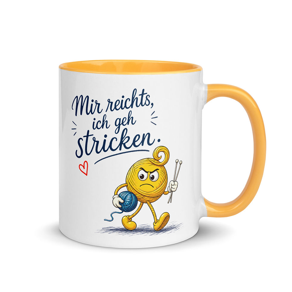 Thumbnail: Keramiktasse für Strickerinnen mit Woolicon Motiv und dem Spruch „Mir reicht's, ich geh stricken“. Lustiges Geschenk für Stri