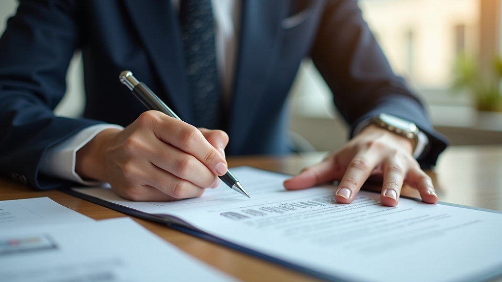 Plano detalle de una persona revisando documentos legales en una mesa de trabajo