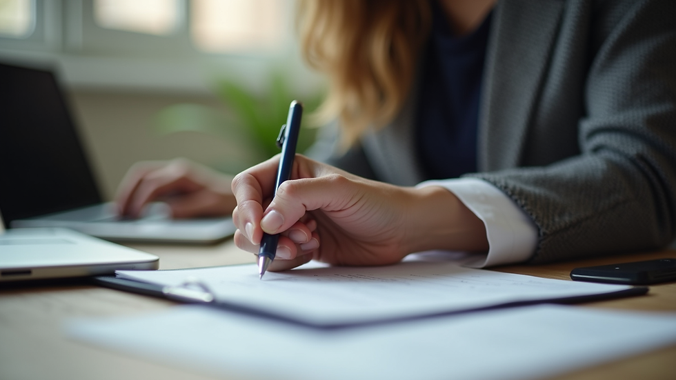 Plano medio de una persona escribiendo en un teclado con documentos legales al lado