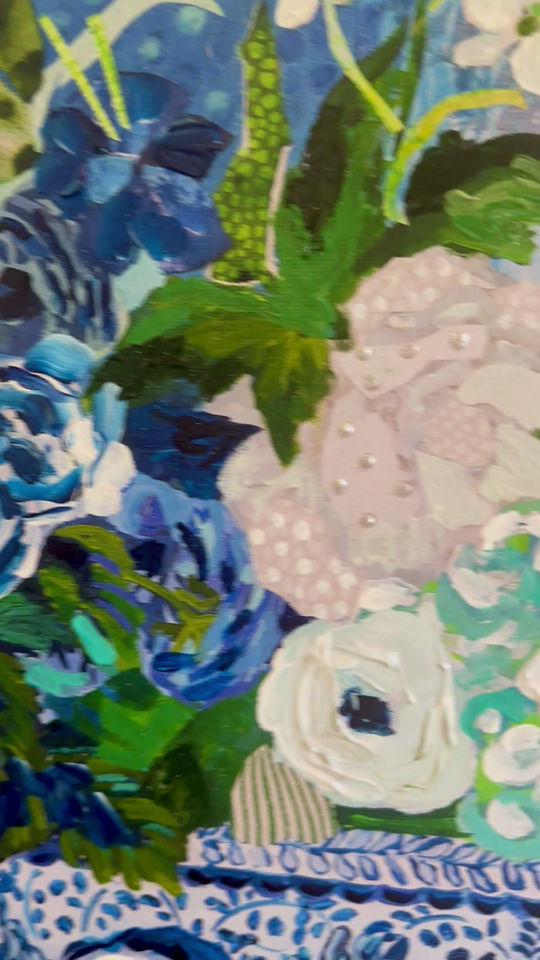 Framed blue and white mixed media collage giclée print “Favorite Things II” by Carolyn Shultz