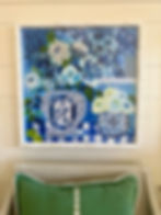 Framed blue and white mixed media collage giclée print “Favorite Things II” by Carolyn Shultz