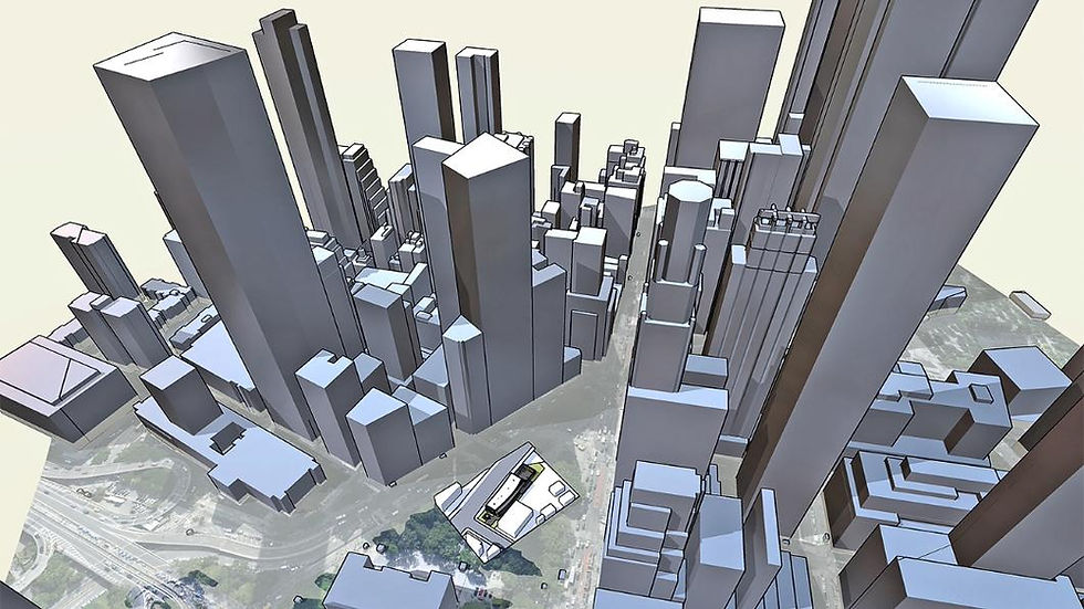 A SketchUp model geolocated in Add Location with 3D building skyscrapers.
