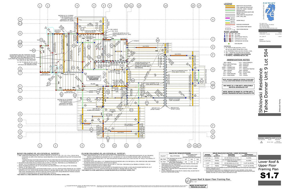  Lower roof and upper floor framing plan  from Zachary Engineering.