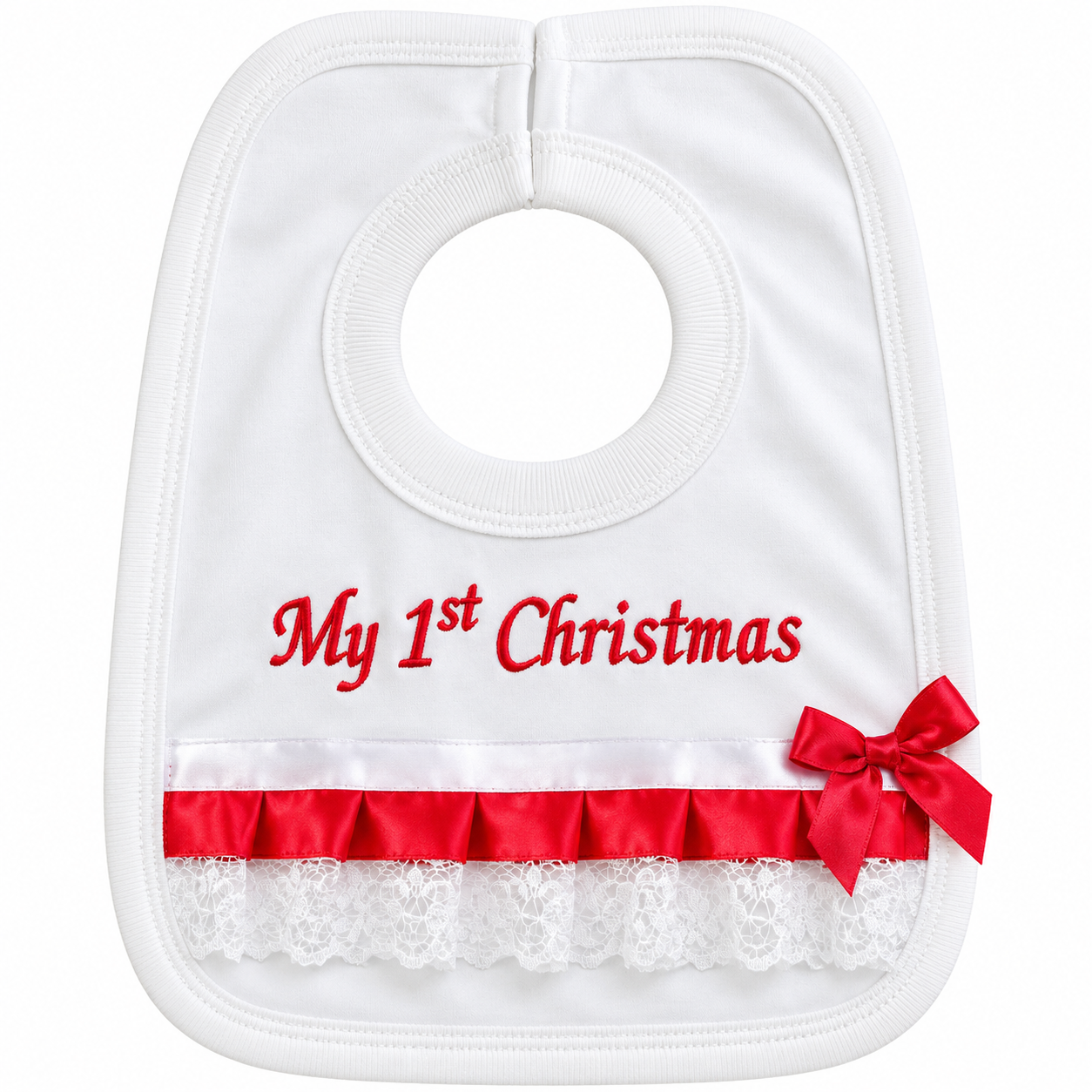 My 1st Christmas Baby Bib – White & Red Satin Bow