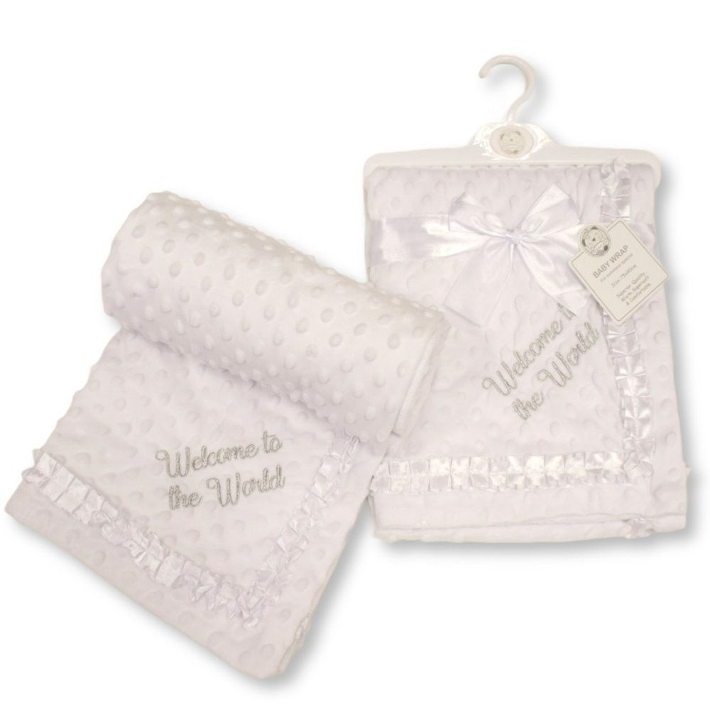 White baby blanket " Welcome to the World" 
