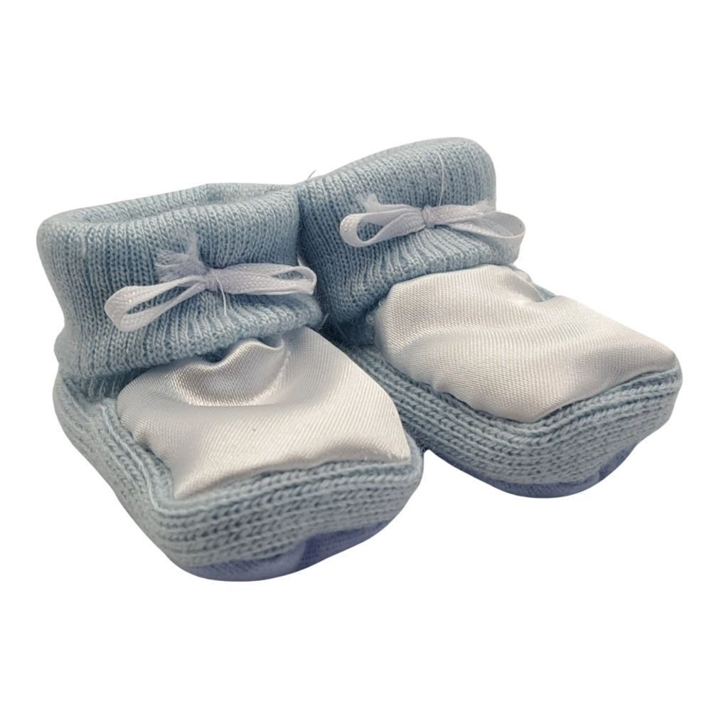 Newborn knitted booties with bow & satin front - Blue