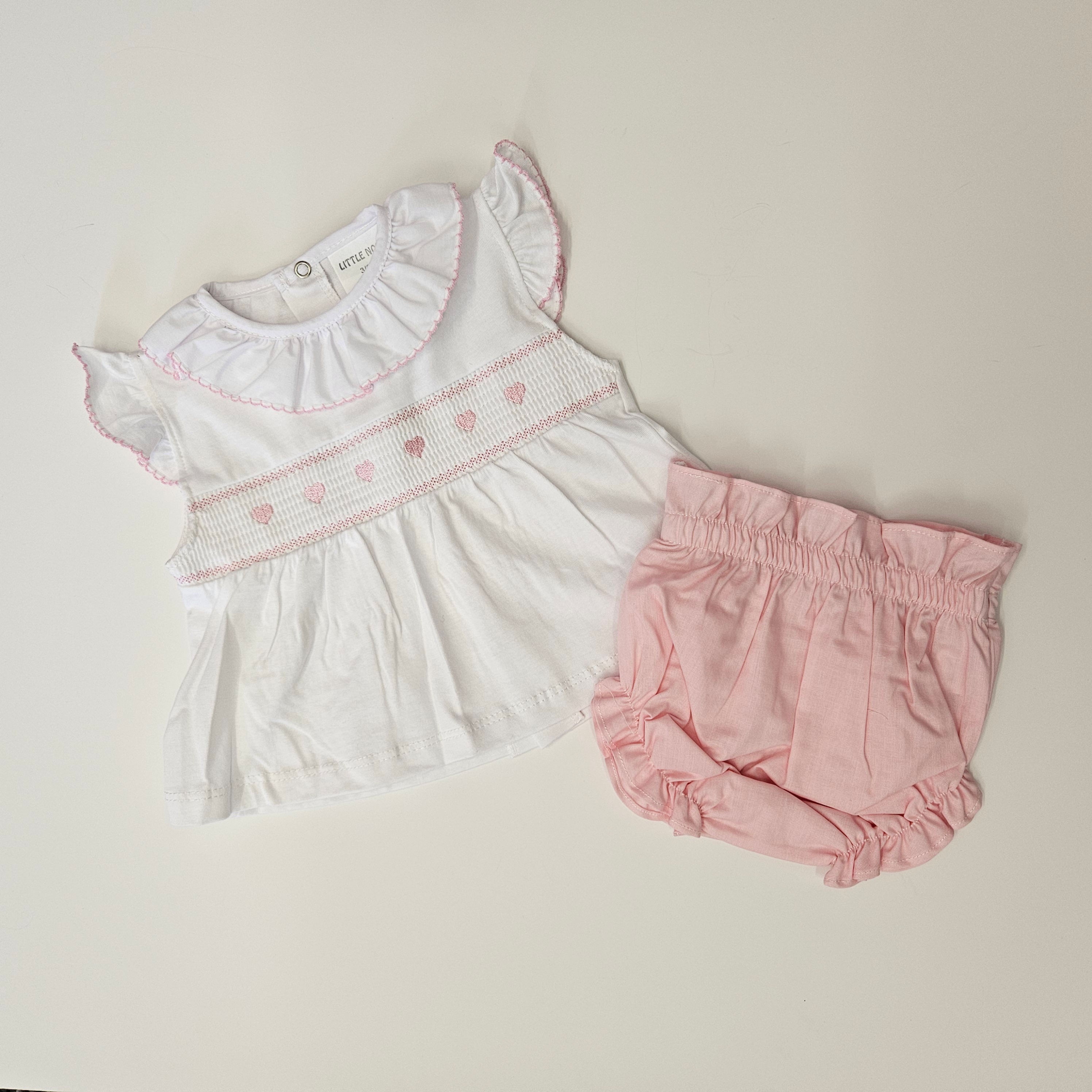 Little Nosh Baby Girls White and Pink Smocked Cotton Top and Bloomer Set