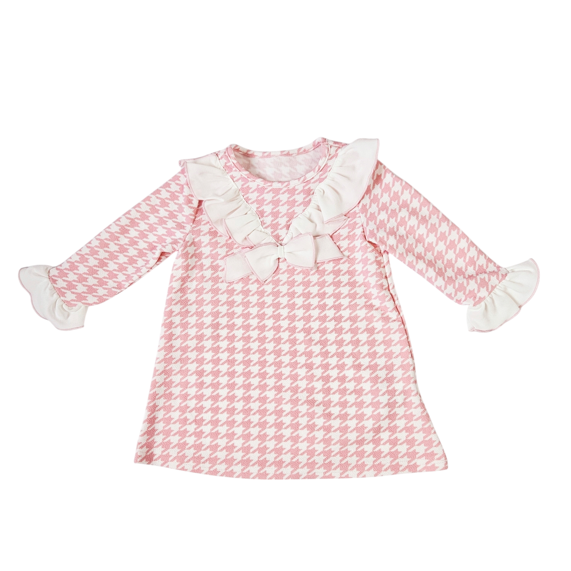 Pink / White Houndstooth dress - white bow