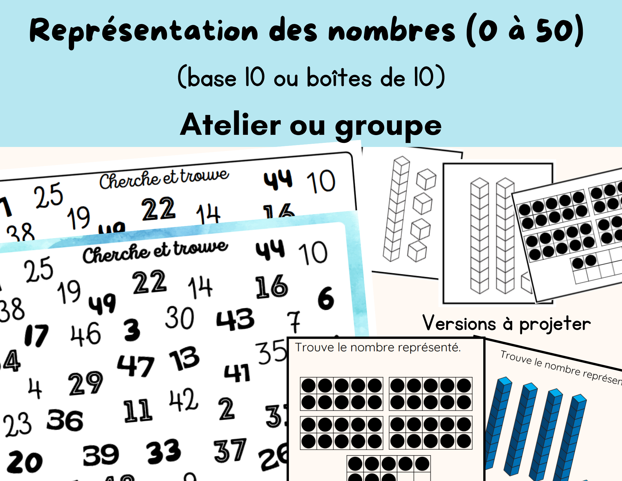 Représentation des nombres 0 à 50 - Base 10 et boîtes de 10