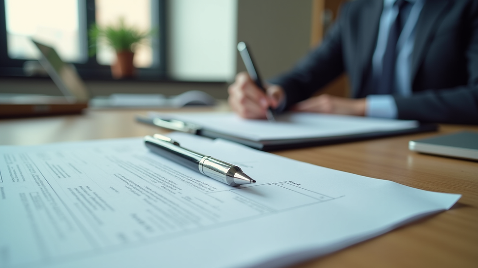 Eye-level view of a legal office desk with documents and a pen