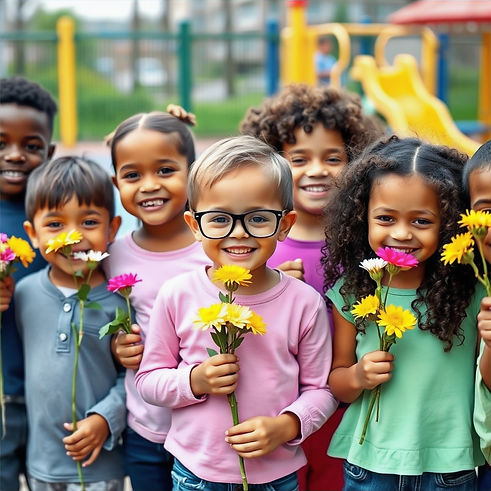 A group of happy, diverse young children holding flowers. One child should be wearing gla