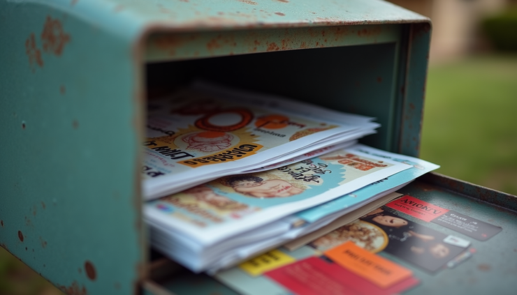 Eye-level view of a mailbox with colorful direct mail flyers neatly stacked inside