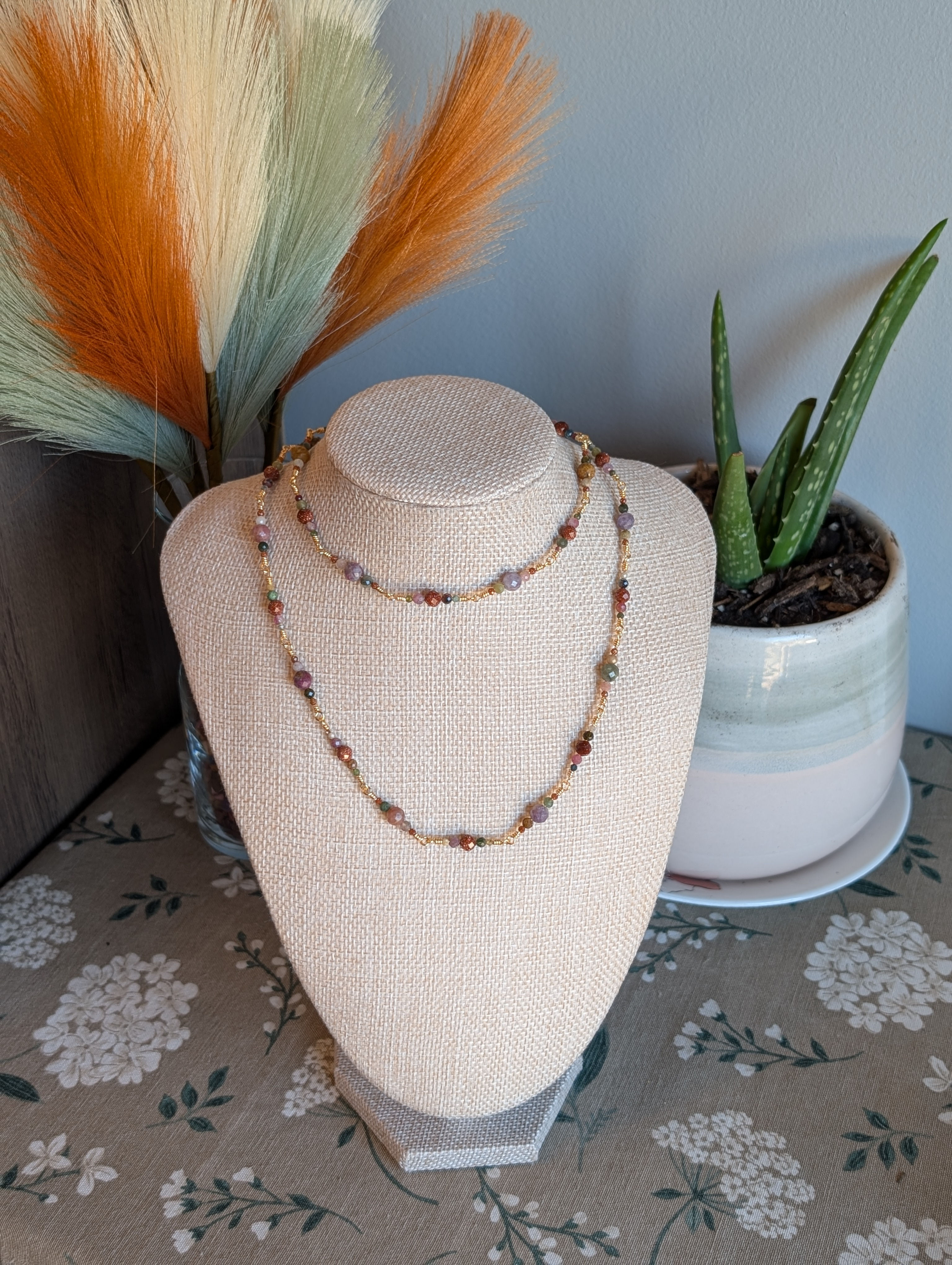 'Lantana' Wire Wrapped Rainbow Tourmaline & Goldstone Necklace