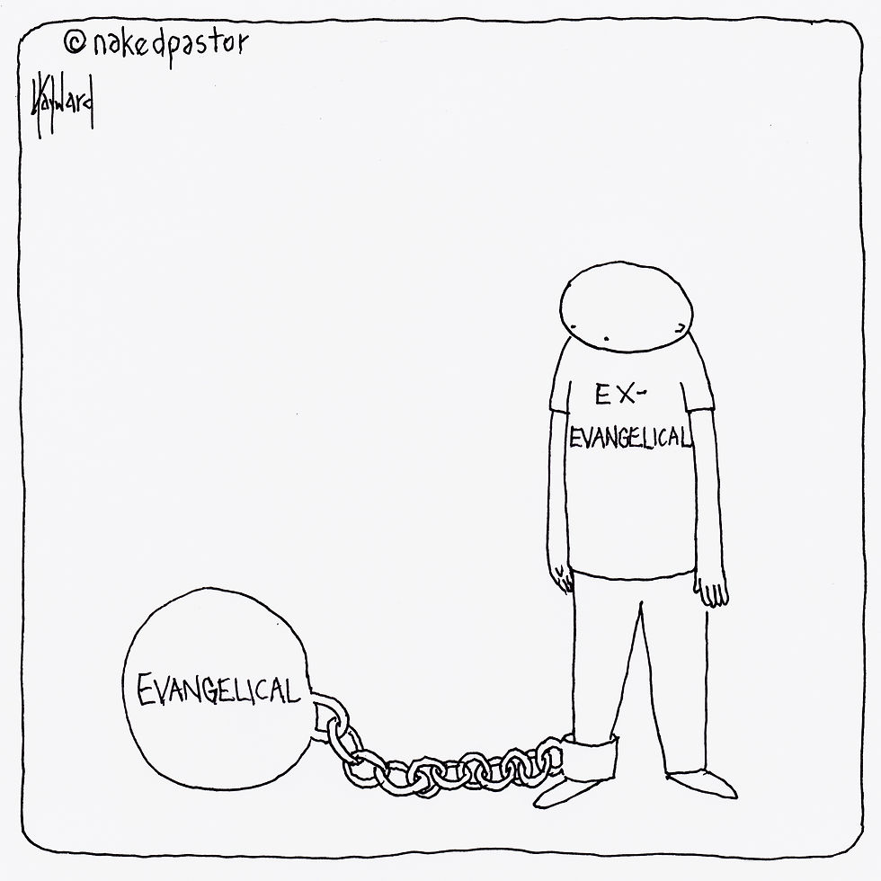 Line drawing of a person labeled EX-EVANGELICAL chained to a ball labeled EVANGELICAL; stark, trapped mood, with @nakedpastor text.