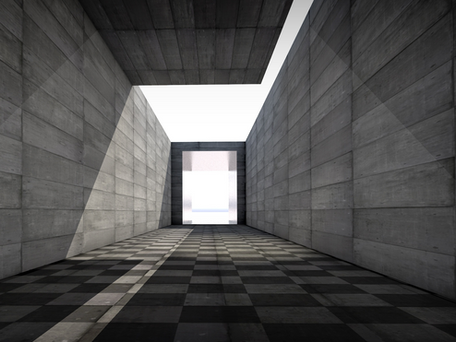 A doorway at the end of a long passage