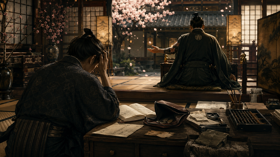 Two robed men in a traditional Japanese study, one seated with head in hand, another gesturing amid cherry blossoms and scrolls.