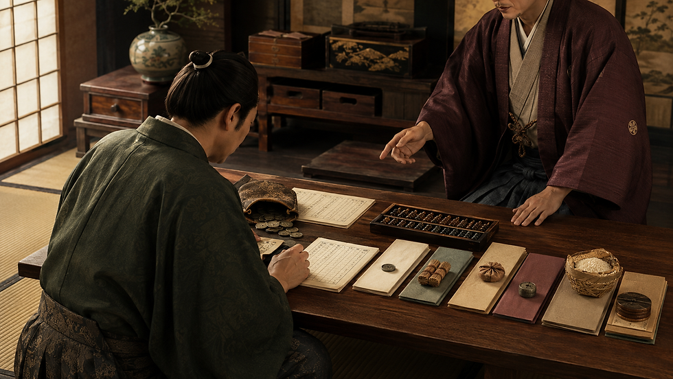 Two men in traditional Japanese robes review ledgers and coins at a low table, one pointing as the other writes.