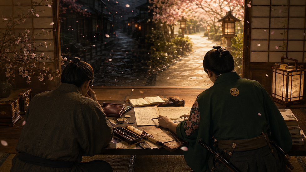 Two robed people study ledgers at a low table in a lantern-lit Japanese room, with cherry blossoms and petals outside.