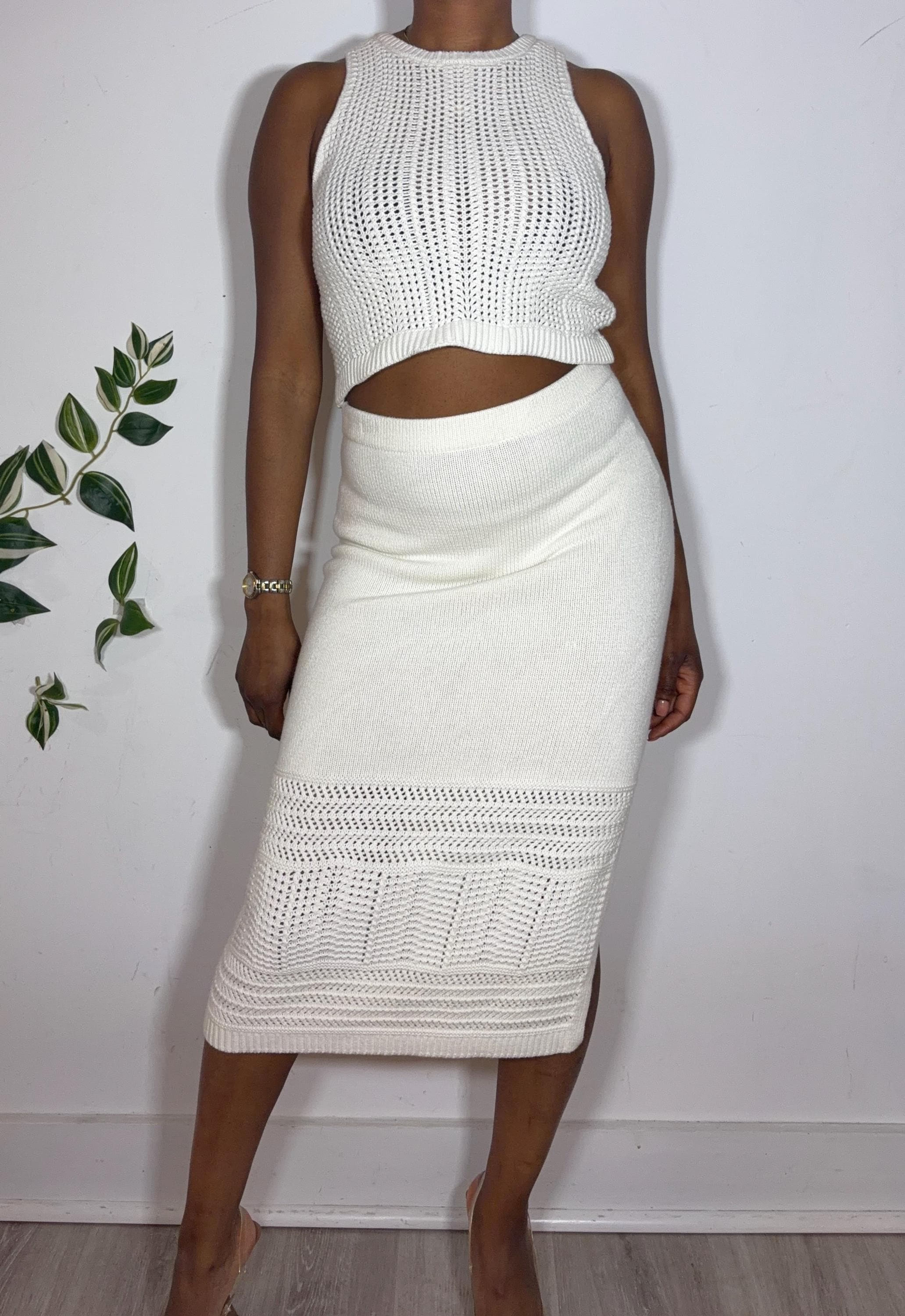 Cream Crochet Knit Set – Vintage Y2K Fashion (Size S)