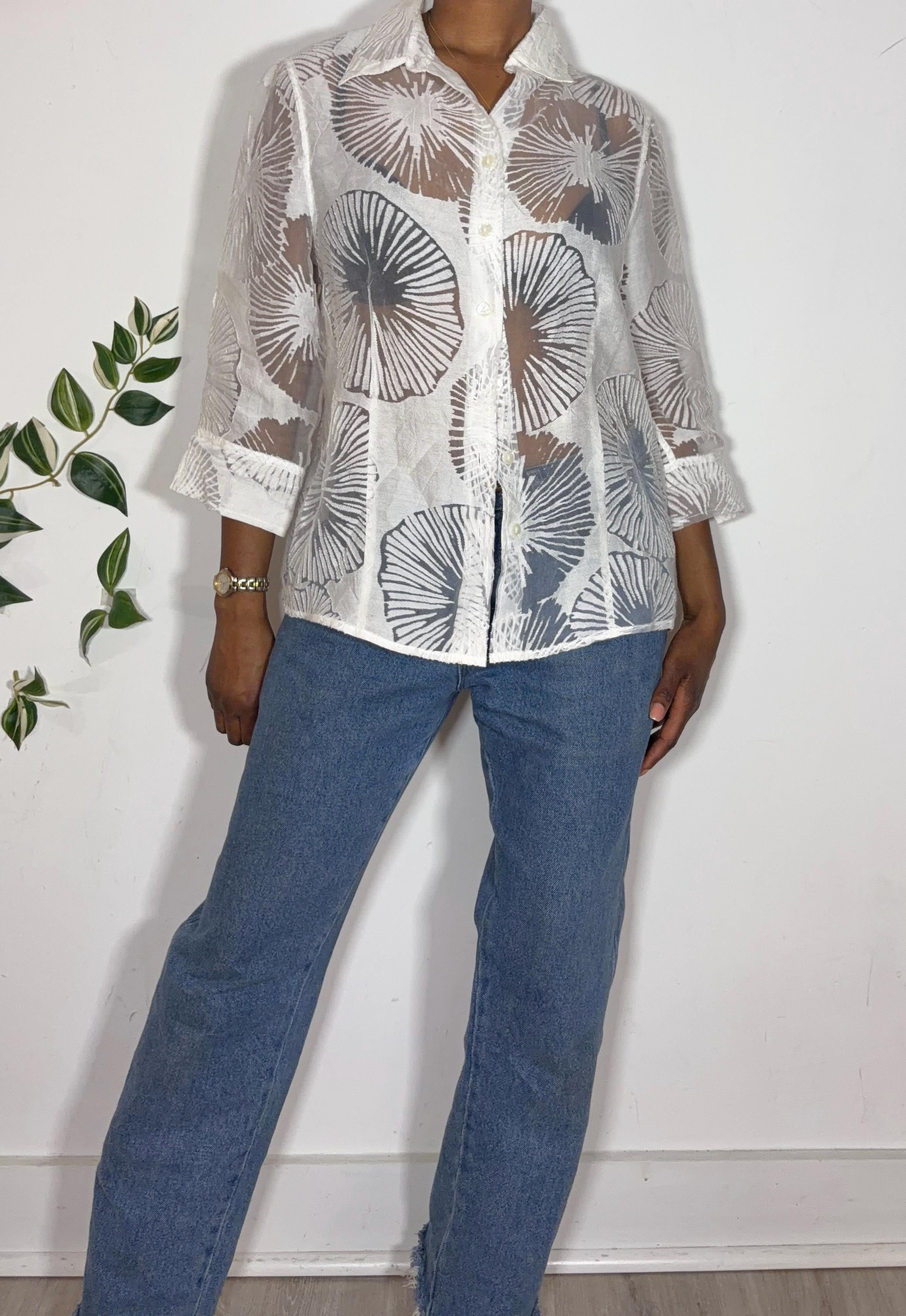 Sheer Floral Print Button-Up Blouse – Vintage Size S