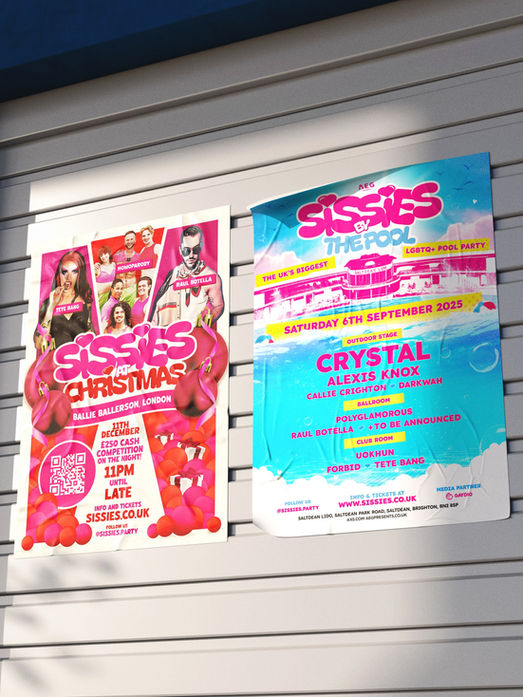 Two event poster designs for SISSIES LGBTQ+ party in London on display.